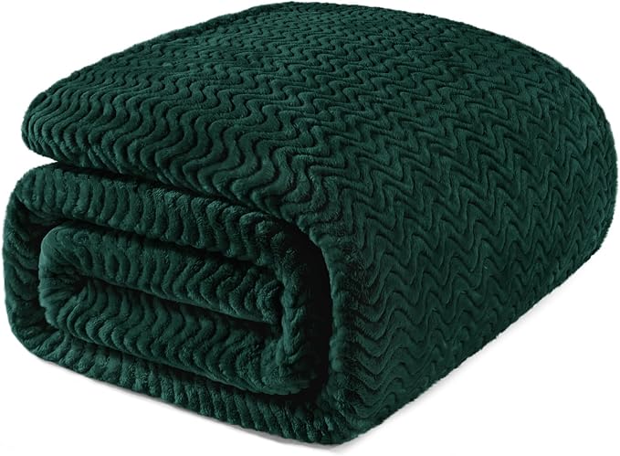 Exclusivo Mezcla Soft Fleece Blanket Queen Size for Bed, Sofa, Forest Green | 90"x90" Breathable Lightweight Flannel Blanket for Summer, Plush Cozy Jacquard Wave for Home Decor