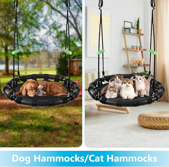 Tree Swing with PP Mat - Durable, Safe, and Easy to Install,Black Outdoor Saucer Swing,Flying Saucer Web Circle Swing for Yard Garden Playground Park (24 inches Diameter)