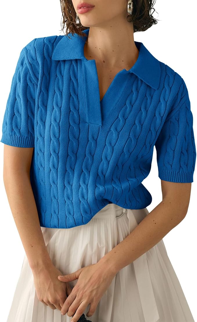 Imily Bela Womens Cable Short Sleeve Sweaters Tops Lapel V Neck Knit Shirt | Solid,Knit Casual,Soft Pullover,Fall Sweaters,Womens Summer Work Tops