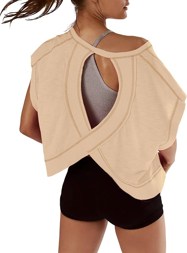 Kumufenc Women Short Sleeve Workout Shirts Open Back Tops Casual Yoga Y2k Athletic Gym Slouchy Crop Running Tees
