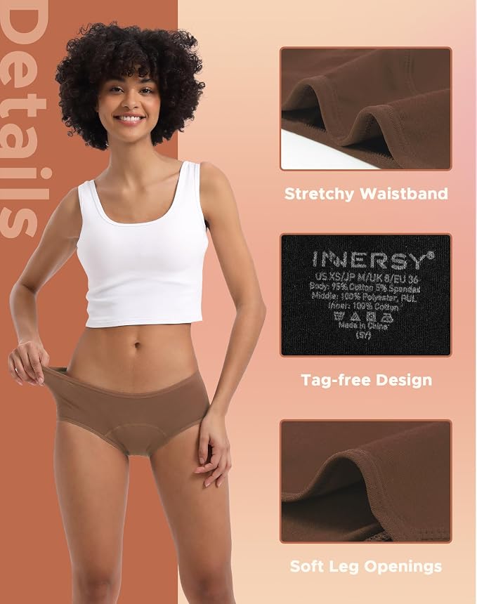 INNERSY Women's Period Underwear Leak-Proof Menstrual Hipster Multipack | Cotton Panties, 20ml Absorbency, for Post-Period Spotting, Menstrual, or Daily Backup