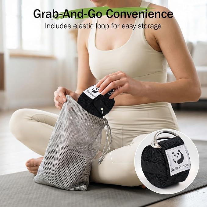 Slim Panda Yoga Strap for Stretching,Cotton Yoga Strap with Adjustable D-Ring Buckle,Non-Elastic Yoga Belt for Pilates,Gym Workouts,Physical Therapy,Improve Flexibility