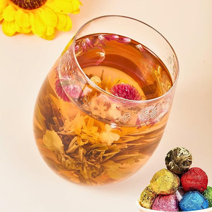 12 Assorted Blooming Flower Tea Balls Gift Set for Christmas| Handmade Herbal Flowering Tea Balls Variety Individual Packing| Blooming Green Teas with Flowers for Teas Lovers, Anniversary, Valentine, Birthday