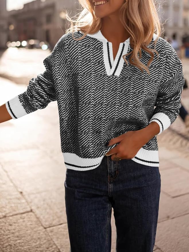 Saodimallsu Womens Fall Sweaters Tops Lapel V Neck Knit Color Block Shirt | Winter,Long Sleeve,Casual,Soft,Pullover,Cozy,Ribbed,Ladies,Chunky,Warm Sweaters,Checkered,Tunic,Work