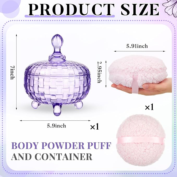 Tioncy 2 Pcs Extra Large Dusting Powder Puff and Container for Women-6'' Glass Crystal Dusting Powder Container with Body Soft Washable Reusable Velour Face(Purple,Weave Design)