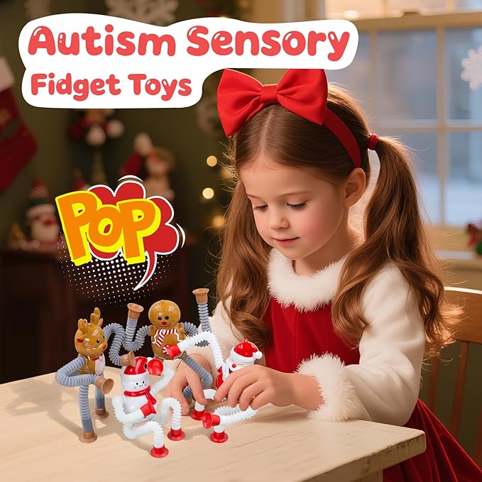 DoDoMagxanadu Pop Tubes Fidget Toys for Kids, 4Pack Christmas Telescopic Suction Cup Toy for Year Old Ages 3 4 5 6 7 8 Stocking Stuffers for Toddlers Kid