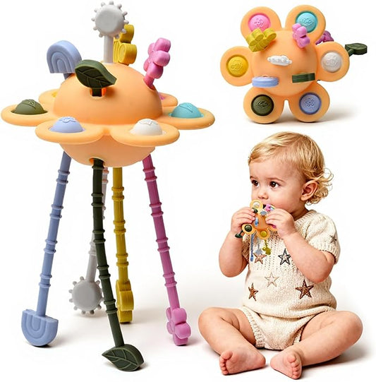 Little Rawr Silicone Baby Sensory Montessori Toys & Pull String Teething Toys for 18 M+, Toddler Birthday Gift Car Seat Airplane Travel Toy for 1 2 Year Old Boy Girl Infant 18 Months Old (Orange)