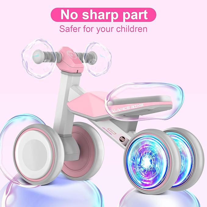 Colorful Lighting Baby Balance Bike Toys for 1 Year Old Girls Gifts, Toddler First Bike 12-24 Months with Adjustable Soft Seat, 4 Silent Wheels Ride on Toy, Perfect First Birthday Gift