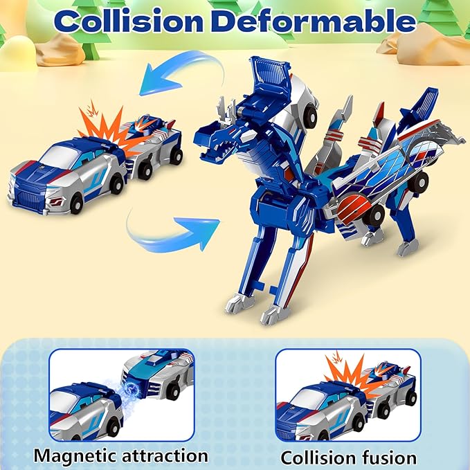 Collision Transforming Dinosaur Car Toy, 2 Magnetic Cars Transform into Dinosaur Toys for Kids Toddler Fun Deformation Robot Dino Car Christmas Birthday Gift Toys for Boys Girls(Blue Dragon)