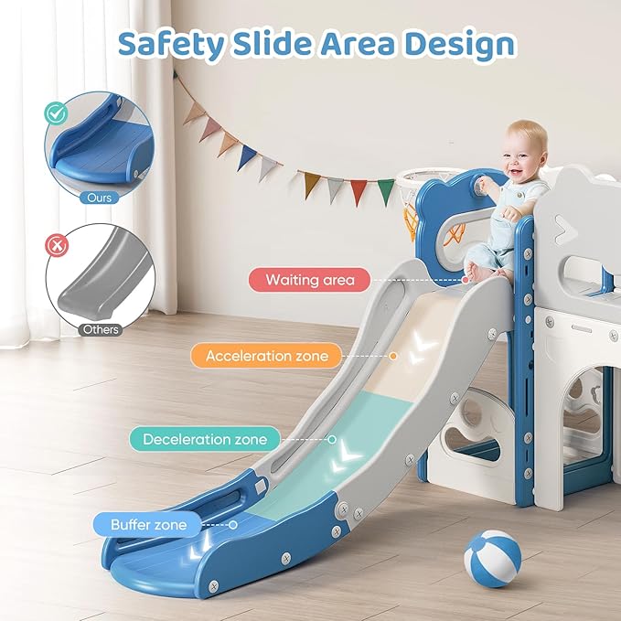 Toddler Slide Indoor, 8 in 1 Indoor Playground for Kids 1-3 Toddler Playset with Climber, Basketball Hoop, Tunnel and Storage Space Kids Outdoor Slide Playset (Blue)