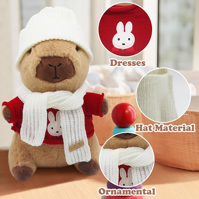 Capybara Plush with 10 pcs Clothes & Accessories, Dress Up Capybara Stuffed Animal Plush Toys with Outfits, Including 10 Sets of Clothing and Accessories, Suitable for Boys and Girls as Birthday Gifts