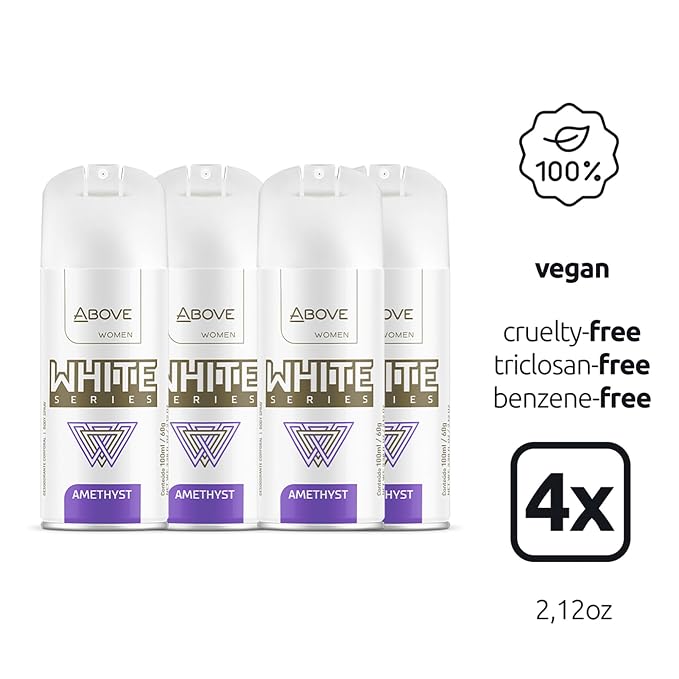 ABOVE White Series Body Spray, Amethyst, 4 pcs - Deodorant Spray - Masks Perspiration Odors - Long-Lasting Dry Spray - Paraben-Free - Cruelty-Free 2.12 oz each