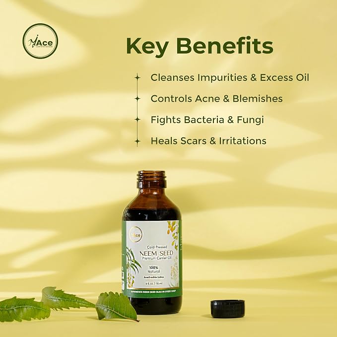 My Ace Neem Seed Carrier Oil 4 Fl Oz - 100% Pure & Natural - Premium Grade, Cold Pressed Unrefined for Skin & Face Care, Hair Growth, Facial, Body Massage, Scalp Treatment, Stretch Marks, Aromatherapy
