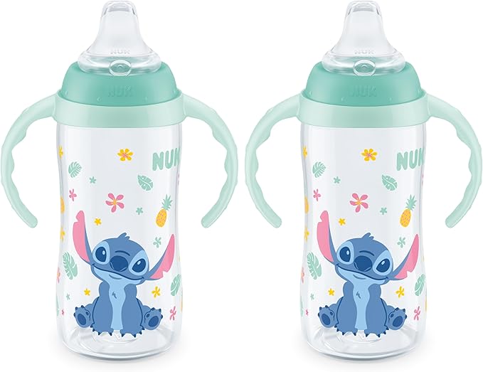 NUK Learner Cup, 10 Oz, Pack of 2, Disney's Stitch – Soft Spout, Easy-Grip Handles, BPA Free, Spill Proof Transition Sippy Cup