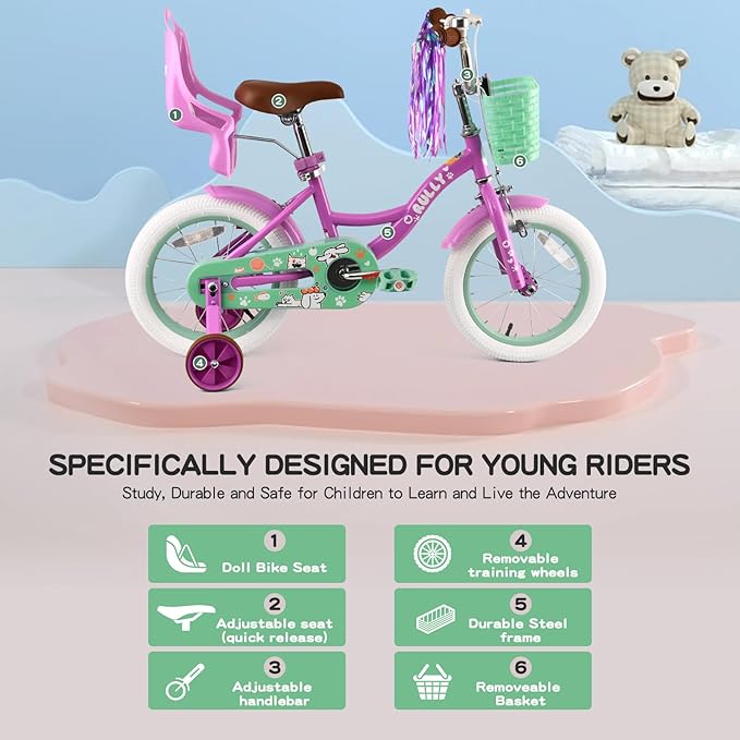 RULLY 12-16 Inch Girls Bike with Doll Seat Basket and Training Wheels for 2-6 Years Children