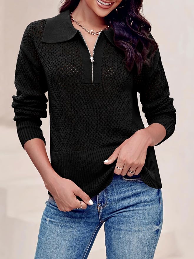 Doshoop Womens Summer Crochet Sweaters Long Sleeve Hollow Out Knit Half Zip Lapel Collar Pullover Tops