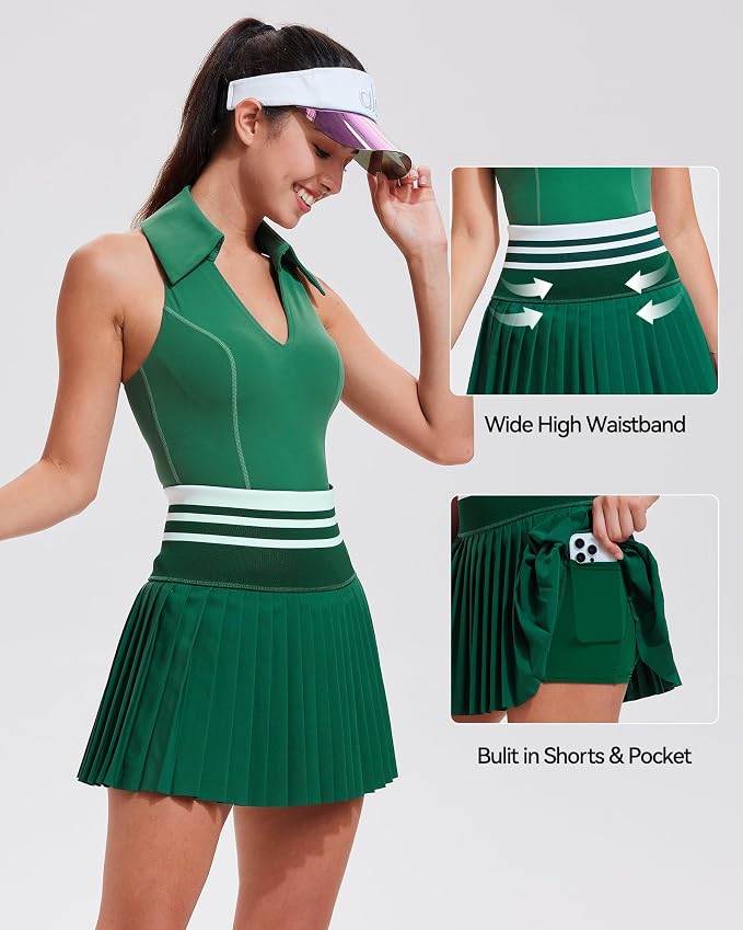 Women 2 Piece Tennis Skirt Set Polo Golf Outfits Racerback Tank Top Pleated Skort with Pockets Summer Workout Athletic Dress