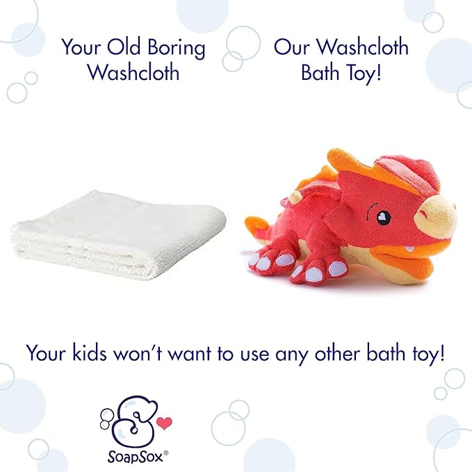 SoapSox Kids Exfoliating Bath Scrub (Scorch The Dragon) - Soft Animal Toy Wash Cloth Sponge with Soap Pocket Insert - Fun Loofah Characters for Babies, Kids and Children