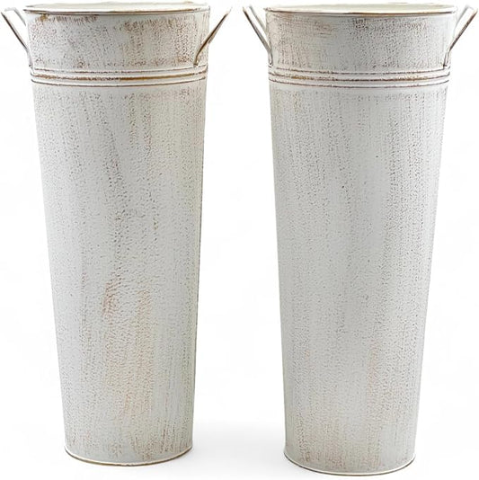 Hosley Set of 2 White Metal French Bucket with Handles & PVC Liner, 6" Dia x 15" H for Weddings, Parties, Country Picnics, Floral Arrangements, Tableware Storage, or Gardens - Rustic Farmhouse Décor