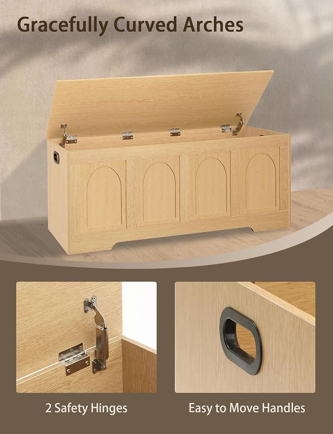 Storage Chest, Wooden Toy Box with Lid, Natural 47.2" L | Entryway Shoe Bench, 2 Soft-close Hinges, Finger-safe Flip-Top Lid, Easy Assembly, Farmhouse Large Trunk, Living Room/Bedroom