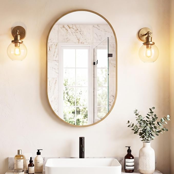 Sweetcrispy 24" x 36" Gold Bathroom Mirror for Wall, Oval Wall Mirrors with Metal Frame, Tempered Glass, Modern Vanity Mirror for Over Sink, Living Room, Bedroom, Entryway, Horizontal or Vertical