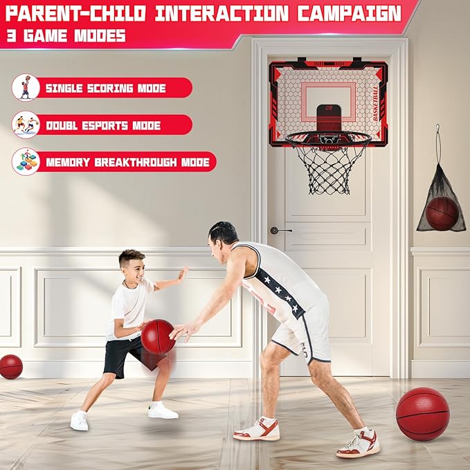 Remote Control Mini Basketball Hoop Indoor for Kids, Over Door Hoop Basketball with Electronic Scoreboard, Indoor Basketball Hoop with 4 Balls,Storage Clip&Bag,7 LED Light Toy Gift for Boy Girl 3+,Red