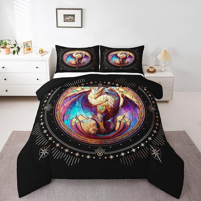 Feelyou Dragon Comforter Set Queen Size Dragon Stuff Comforter for Boys Girls Teens Wild Life Bedding Set Dragon Decor Duvet Set Room Decor Black Yellow Quilt Set