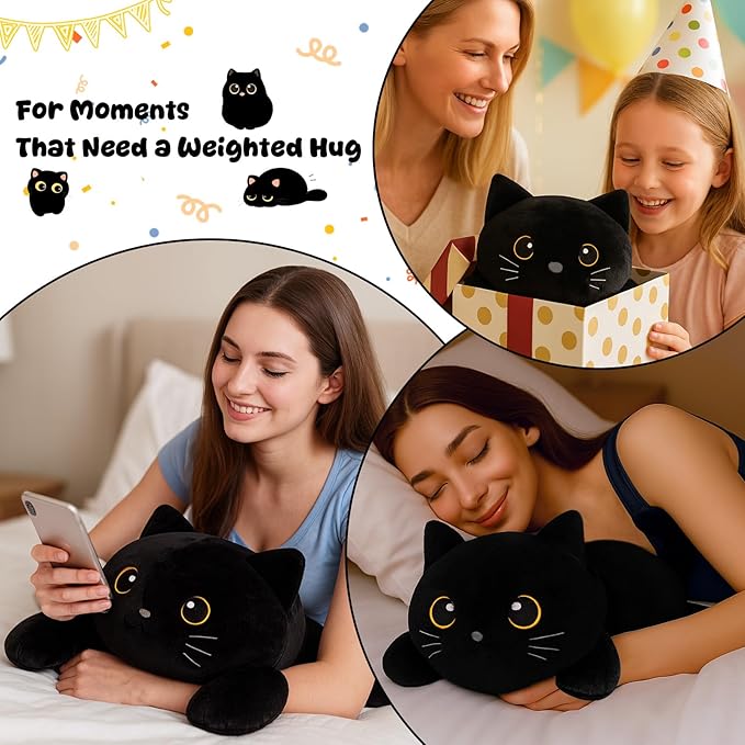 SQEQE Weighted Stuffed Animals Black Cat, Weighted Black Cat Plush, Plushies for Stress Relief, Soft Black Cat Pillow Toy for Kids Adults, Christmas & Valentines Gift 9.8 Inch, 0.8 Lb