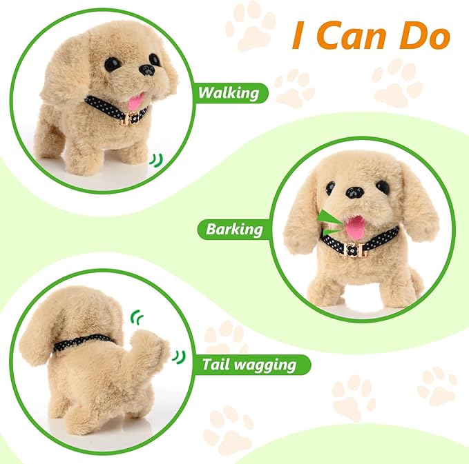 Electronic Interactive Plush Puppy - Battery Operated Mechanical Walking Little Pet Dog with a Cute Bag, Barking, Tail Wagging, Stretching Companion Animal for Toddlers & Kids (Yellow)