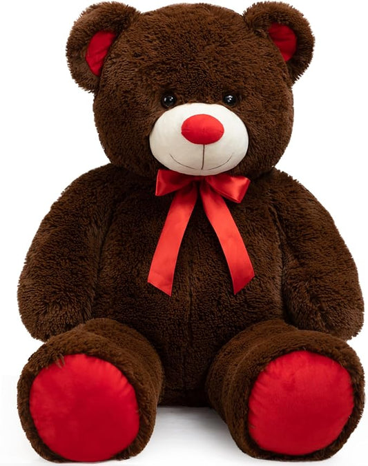 Big Teddy Bear Stuffed Animal Giant Teddy Bear Plush with Red Ribbon Bow Plush Toy Gift for Girlfriend Bride 36 inch Chocolate