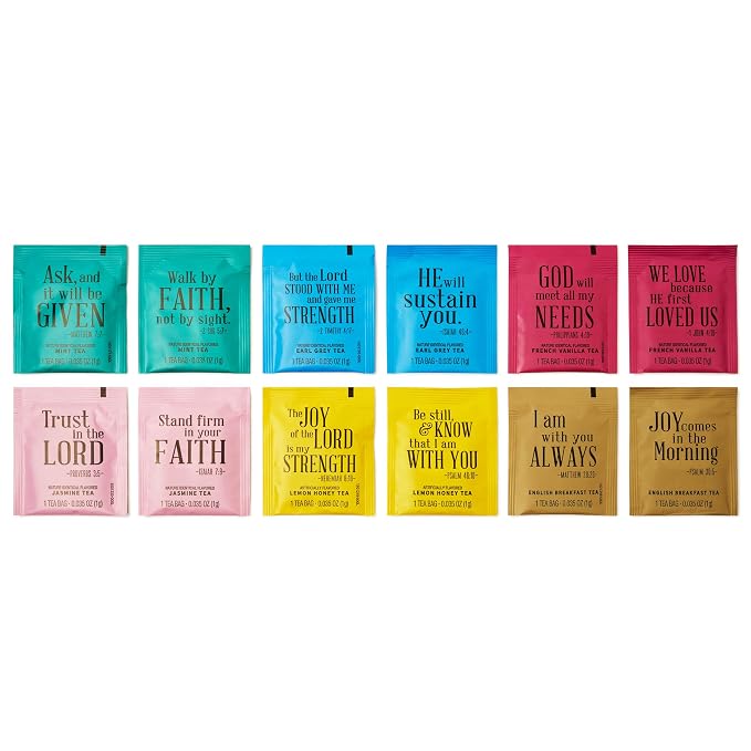 Thoughtfully, Tea Affirmations Christian Prayer Gift Set for Women, Religious Tea Gift with 6 Flavors and Bible Verses from Psalms and Other Books to Rejoice Pack of 90