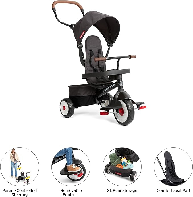 Radio Flyer City 4-in-1 Stroll 'N Trike, Black, for Riders 1-5 Years Old, 4 Riding Modes, 3 Point Harness with Comfort Pad, Parent Controlled Steering, Rear Storage, Stroller Tricycle for Toddlers