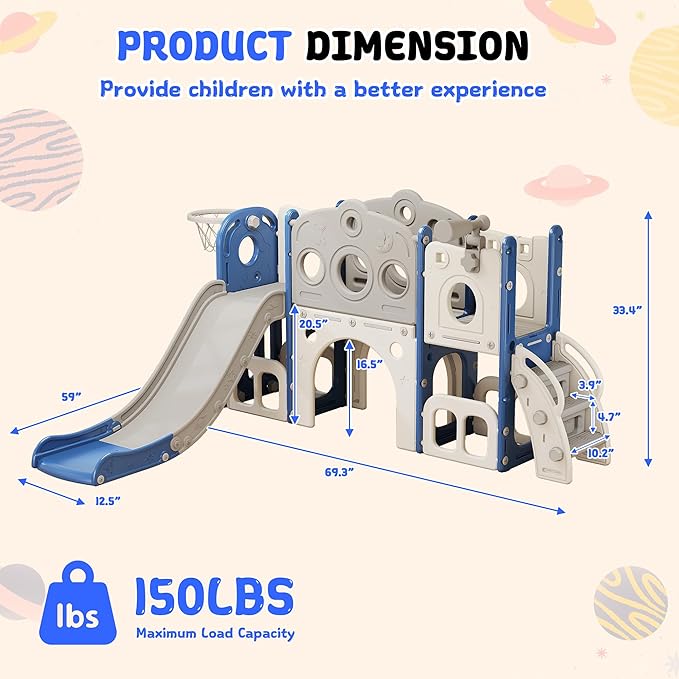 GITAWUSA 8 in 1 Toddler Slide, Outdoor Indoor Playset for Kids Baby Age 1 2 3, Childs Climber Slide with Storage Space and Non-Slip Steps, Basketball Hoopa and Telescope, Blue & White