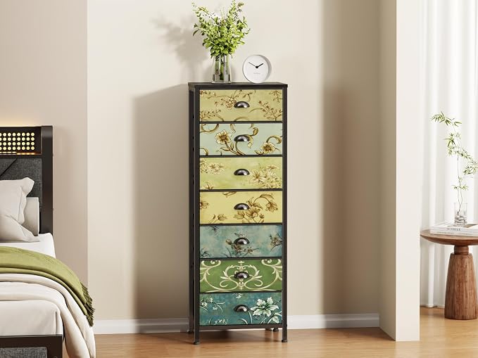 7 Drawer Tall Dresser for Bedroom, Vintage Fabric Chest of Drawers | Tall Nightstand for Dorm, Vertical Storage Tower Organizer, Fabric Drawer Units, Retro Skinny Dresser for Closet, Entryway