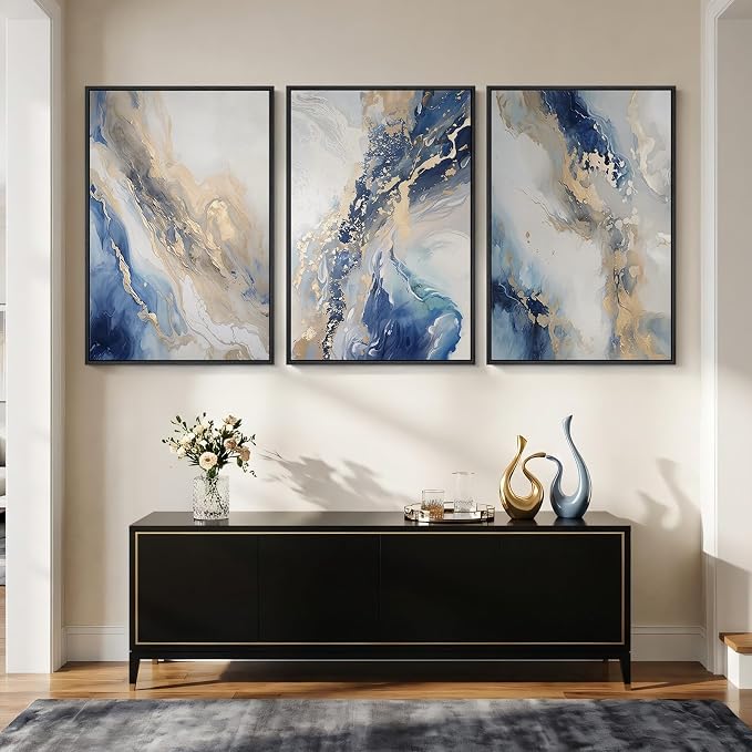 Large Framed Abstract Blue and Gold Wall Art for Living Room, 3 Piece Modern Canvas Artwork for Walls, Contemporary Pictures Prints Paintings for Bedroom Hallway Wall Decor, 24x36 Inch