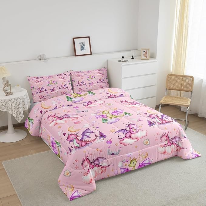 Feelyou Dragon Comforter Set Toddler Size Kawaii Stuff Comforter for Boys Girls Teens Cute Bedding Set Dragon Decor Duvet Set Room Decor Pink Quilt Set