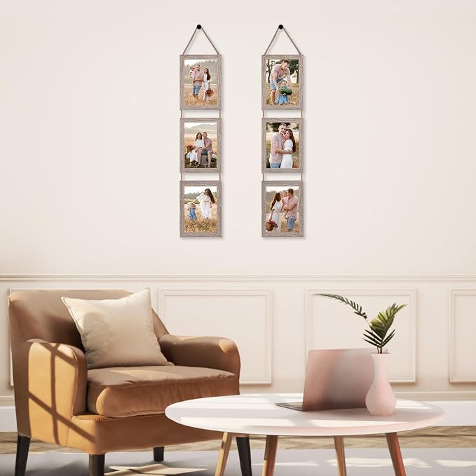 QUTREY Collage Picture Frame 5x7, 6 Openings Vertical Hanging Photo Frame Set of 2, 5 by 7 inch Multi Picture Frames for Wall, Rustic Grain