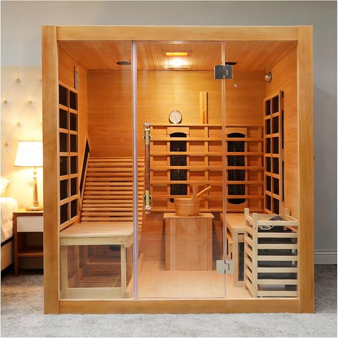 Infrared & Steam Dual-System Sauna Room, 2-3 Person Canadian Hemlock Wood Sauna with Recliner, Indoor Traditional Hybrid Home Saunas Spa with 9 Heaters & 6KW Sauna Stove, Oxygen Bar