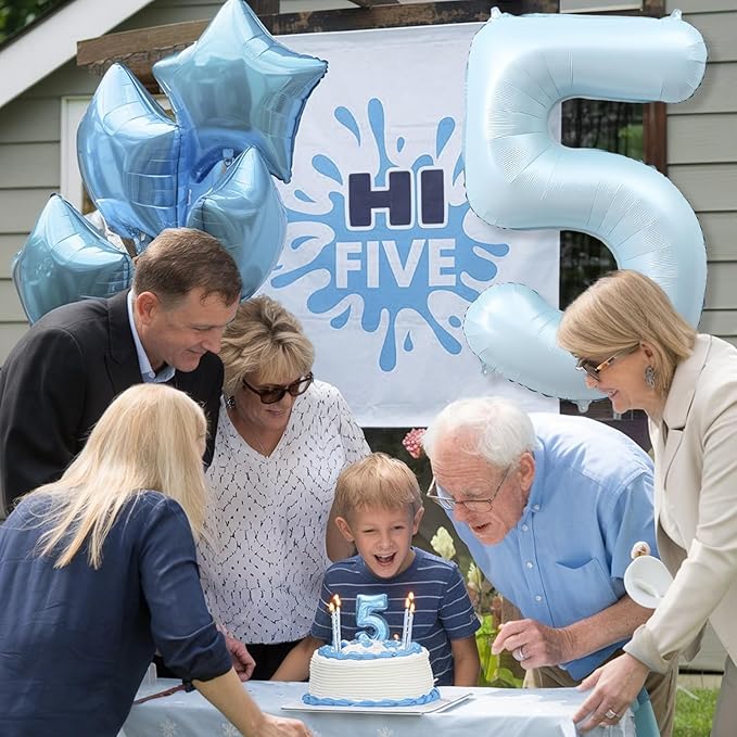 Big Number 5 Balloons, Dusty Light Blue Foil 5 Balloon Numbers 40 Inch, Giant 5th Birthday Party Decor, Matte Baby Blue Mylar Helium Self Inflating Balloon for Boys Birthday Anniversary Decorations