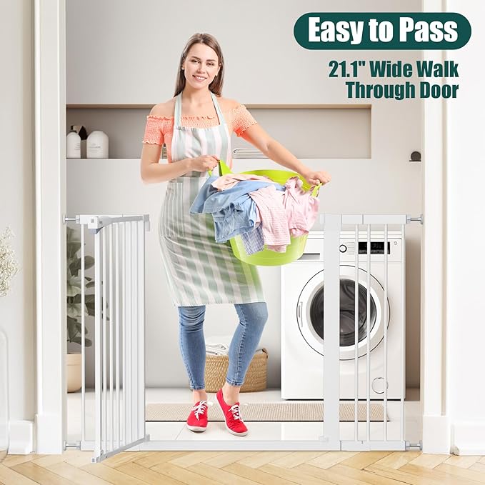 keny 29.7"-46" Baby Gate for Stairs, Auto Close Dog Gates for Doorways | Pressured Mounted No Drilling Pet Gate Extra Wide, Easy Walk Thru Stair Gate, 30" Tall, White