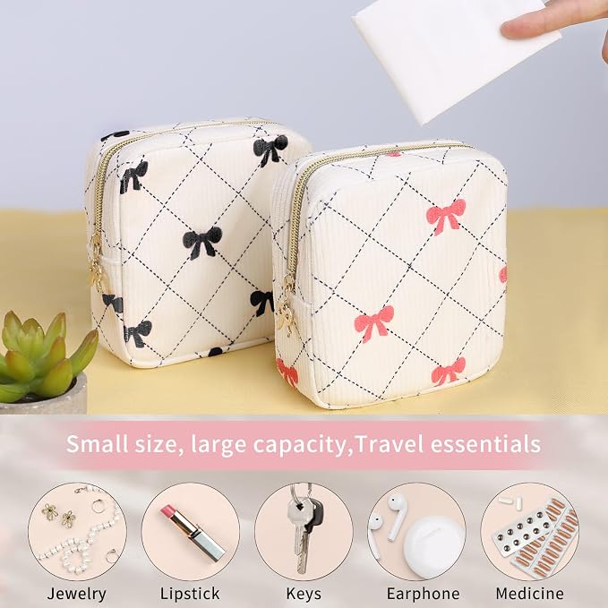 Period Bag for Women - Cute Corduroy Sanitary Napkin Storage Bag with Bow Design | Period Pouch for Daily Use, Travel | Discreet Menstrual Pouch | Pad Bags for Period Holds Pads, Tampons