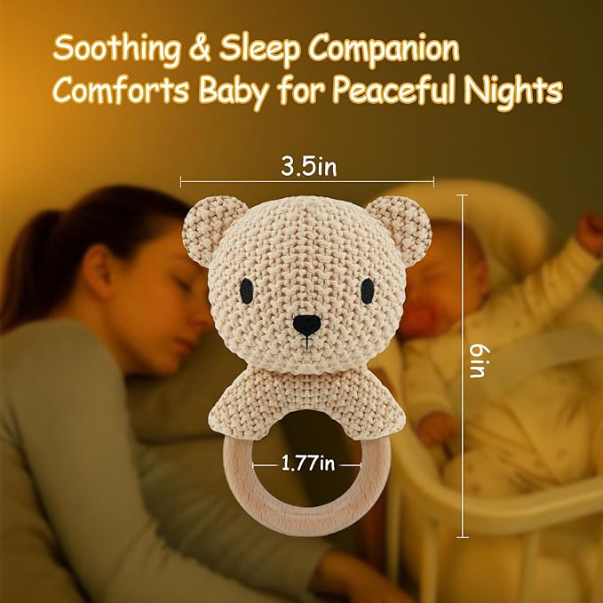 Teddy Bear Baby Rattle Toy 0-6 Months Crochet Knitted Plush Stuffed Animal Teether Natural Wood Ring Cute Bear Baby Gift Gentle Sound Shaker for Newborn Infant Crib Soothing Sleep Aid Gift