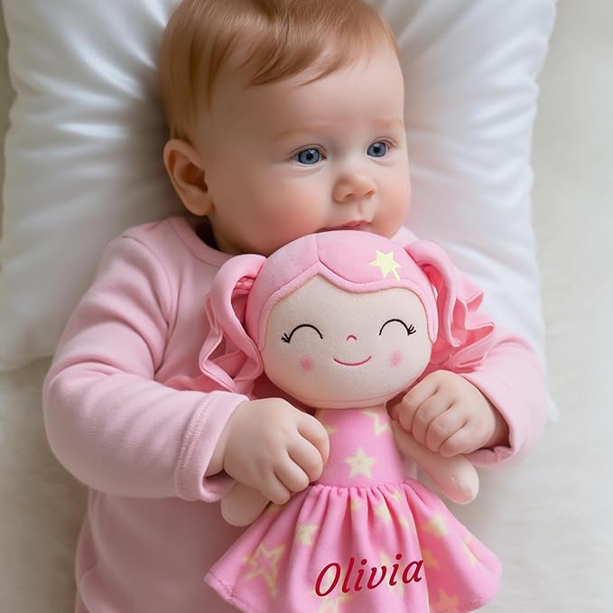 Gloveleya Personalized Baby Doll – Custom Name Rag Doll Gift for Girls | Pink Star Plush Keepsake for Birthday, Baby Shower & Christmas | Soft Huggable Comfort Toy 12 Inch