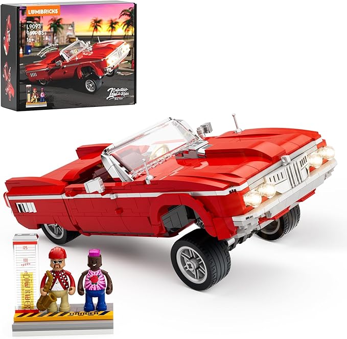 Lumibricks Low Rider Big Red Car Building Bricks Set - Street Fusion Vehicle Engineering Lighting Model Modular Collection Kit 969 Pcs for Adults & Teens & Car Lovers