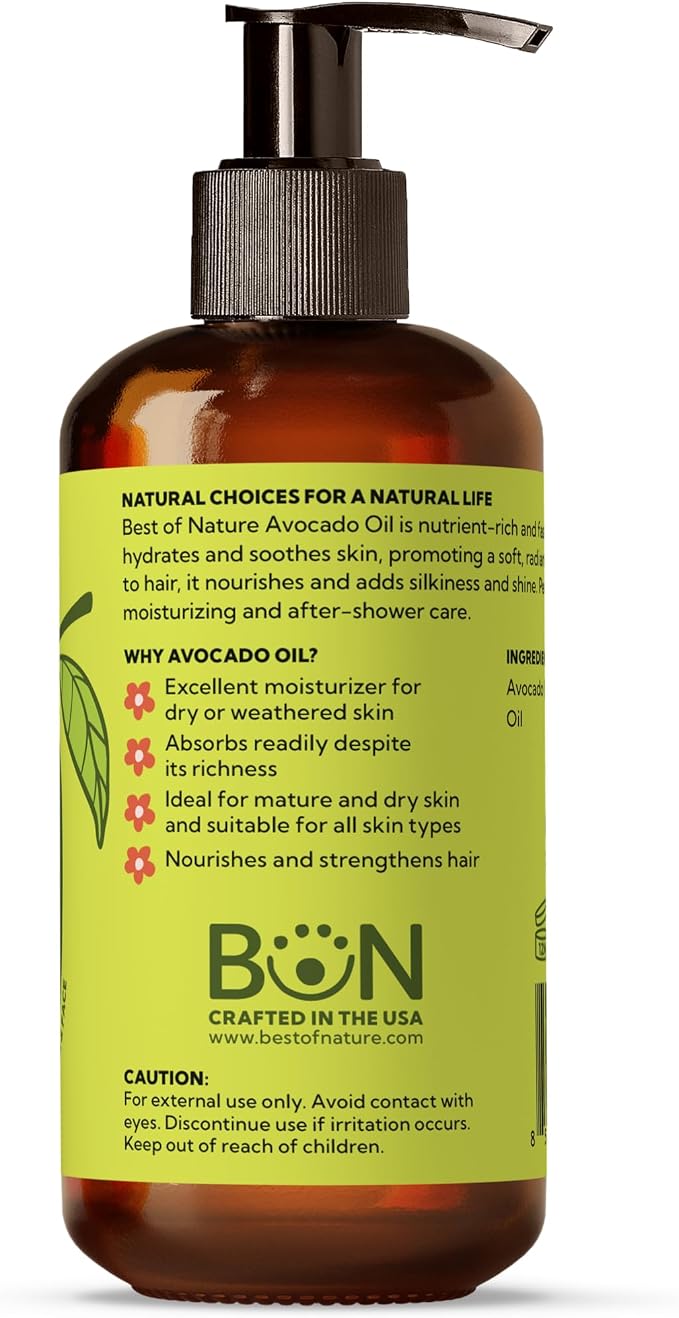 Best of Nature 100% Pure Avocado Oil – Natural Massage Oil, Moisturizing Body & Hair Oil, Unscented Skincare & Carrier for Essential Oils, Bulk Size Available (8 Fl Oz)