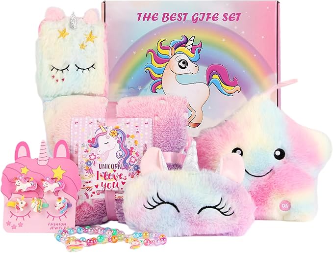 Unicorn Gifts for Girls Age 3 4 5 6 7 8 Years Old, Unicorn Toys for Girls with Glow in The Dark Blanket Light Up Star Pillow Eye Mask Crossbody Bag, Birthday Gifts for Daughter Niece
