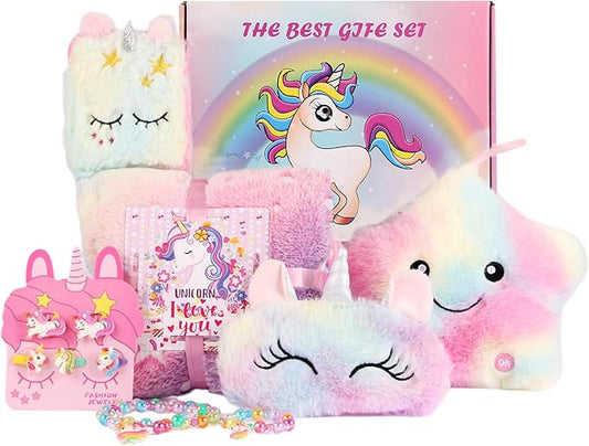 Unicorn Gifts for Girls Age 3 4 5 6 7 8 Years Old, Unicorn Toys for Girls with Glow in The Dark Blanket Light Up Star Pillow Eye Mask Crossbody Bag, Birthday Gifts for Daughter Niece