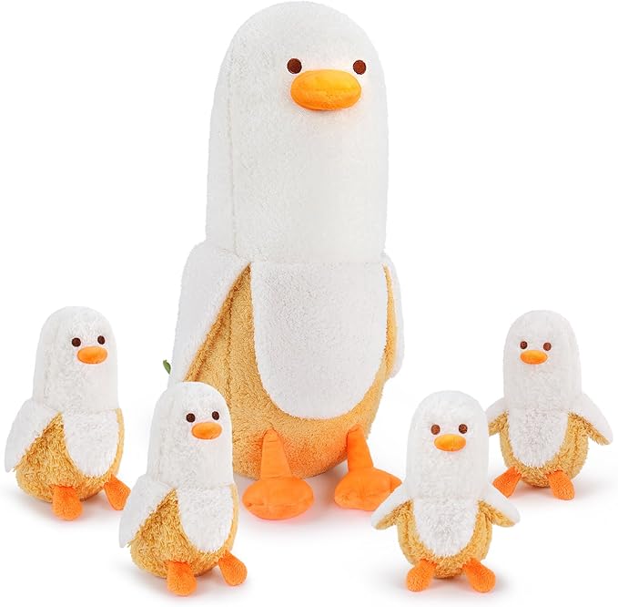 Auspicious Beginning 5-Piece Banana Duck Plush Family - Cute 20'' Mommy Duck with 4 Baby Duck Plushies - Kawaii Plush Toys for Kids' Birthdays