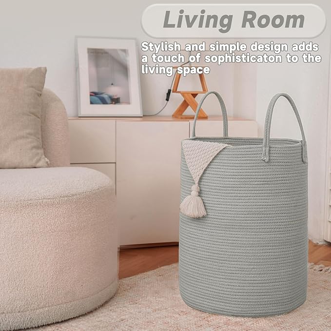 JMvicyroam 60L Cotton Rope Laundry Basket Hamper, Grey | Collapsible laundry basket, reinforced handles, freestanding, machine washable, holds 3-5 thick blankets, clothes or toys