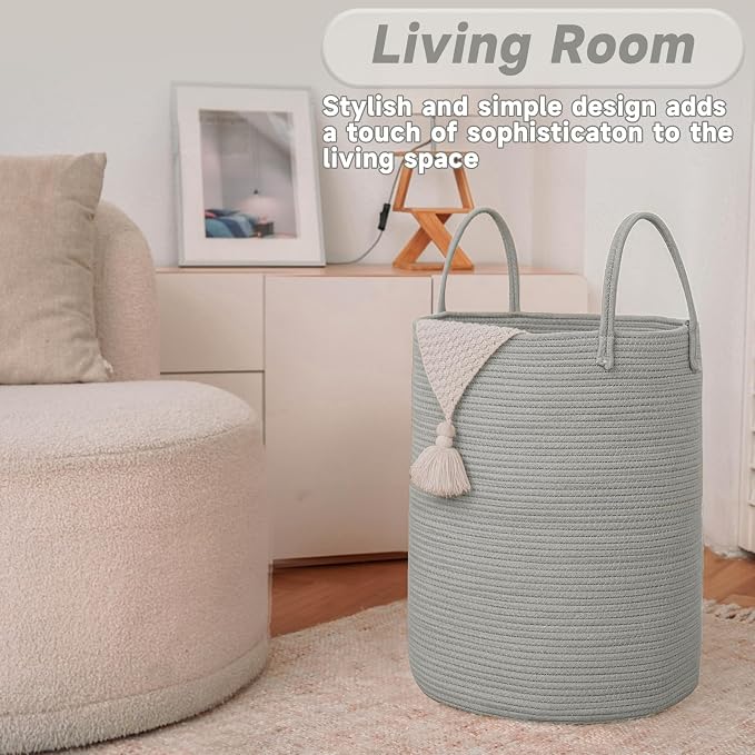 JMvicyroam 100L Cotton Rope Laundry Basket Hamper, Grey | Collapsible laundry basket, reinforced handles, freestanding, machine washable, holds 3-5 thick blankets, clothes or toys